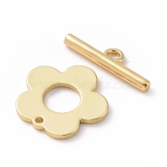 Brass Toggle Clasps, Long-Lasting Plated, Flower, Real 18K Gold Plated, Flower: 13x13.5x1mm, Hole: 1mm, Bar: 15x4x1.5mm, Hole: 1.4mm(KK-G389-27G)