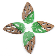 Opaque Resin & Walnut Wood Pendants, Leaf, Green, 38x20x3mm, Hole: 2mm(RESI-S389-048A-C03)