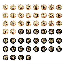 2Sets 2 Style Glass Cabochons, Half Round with Golden Alphabet & Flower, Black, Letter A~Z, 25x7~8mm, 1set/style(GGLA-SZ0001-07)