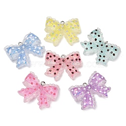 Transparent Resin & Paillette Pendants, Polka Dot Bowknot Charm, with Platinum Iron Loop, Mixed Color, 25x30.5x8mm, Hole: 2mm(RE-CBAD357-01)