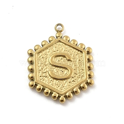 201 Stainless Steel Pendants, Golden, Hexagon with Letter Charm, Letter S, 21x16.5x2mm, Hole: 1.5mm(STAS-R227-01S-G)