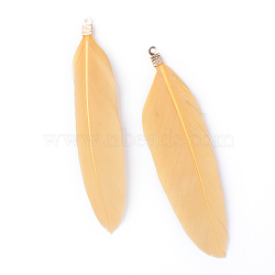 Goose Feather Pendants, Big Pendants, with Iron Findings, Golden, Dyed, Navajo White, 72~82x12~19mm, Hole: 1.5mm(X-FIND-Q055-G11)