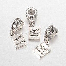 Rectangle with Word Passport Alloy European Dangle Large Hole Pendants, Antique Silver, 26mm, Hole: 4.5mm(X-MPDL-F017-06)