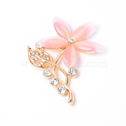 Alloy Rhinestone Cabochons, with Acrylic, Flower, Pink, Light Gold, 49x37.5x7mm(FIND-WH0066-72)