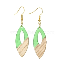 Two Tone Resin & Walnut Wood Horse Eye Dangle Earrings, Golden Iron Long Earrings, Pale Green, 58x15.5mm(EJEW-JE05504-02)