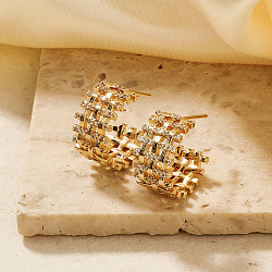 Chic Geometric Brass C-Shaped Stud Earrings, with Delicate Weaving and Sparkling Rhinestone, Golden, 18x10mm(JT0011-2)