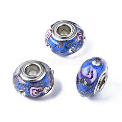 Handmade Lampwork European Beads, with Gold Foil and Rhinestone, Large Hole Rondelle Beads, with Platinum Tone Brass Double Cores, Rondelle, Dodger Blue, 14.5x9mm, Hole: 4.5mm(LPDL-T001-04B)