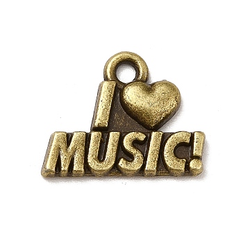 Tibetan Style Alloy Pendants, Word I Love Music Charms, Music Lover Charm, Antique Bronze, 13x16x2mm, Hole: 1.5mm, about 833pcs/1000g