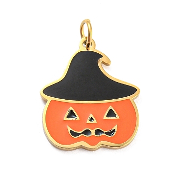 Halloween 304 Stainless Steel Charms, with Enamel and Jump Ring, Real 14K Gold Plated, Pumpkin with Witch Hat Charm, Dark Orange, 14.5x12x1mm, Hole: 2.5mm