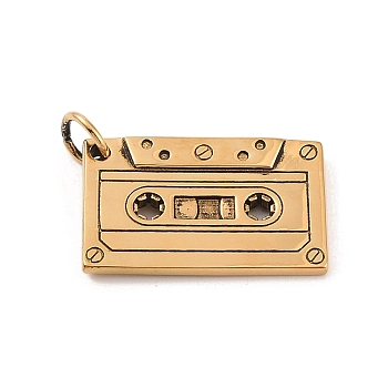 304 Stainless Steel Pendants, Audio Tape Charm, Antique Real 18K Gold Plated, 23x37.5x3mm, Hole: 7mm