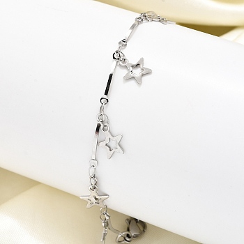 304 Stainless Steel Star Charm Bracelets, Bar Link Chains Bracelets for Women, Stainless Steel Color, 6-7/8 inch(17.4cm) Long+30mm Extender