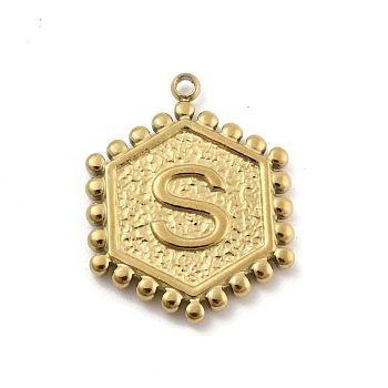 201 Stainless Steel Pendants, Golden, Hexagon with Letter Charm, Letter S, 21x16.5x2mm, Hole: 1.5mm