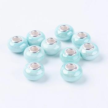 Handmade Porcelain European Beads, with Silver Color Brass Double Cores, Rondelle, Turquoise, 15x10~11mm, Hole: 5mm