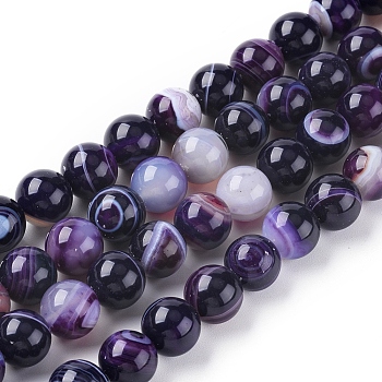 Natural Striped Agate/Banded Agate Beads Strands, Dyed & Heated, Round, Indigo, 6mm, Hole: 1mm, about 63pcs/strand, 14.57 inch(37cm)