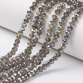 Electroplate Transparent Glass Beads Strands, Half Green Plated, Faceted, Rondelle, Silver, 6x5mm, Hole: 1mm, about 92~94pcs/strand, 17~17.5 inch(42.5~43.75cm)