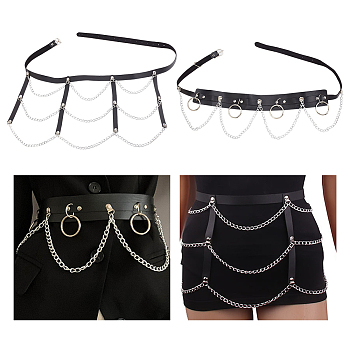 WADORN 2Pcs 2 Style Punk Style PU Leather Corset Belts, Zinc Alloy Chains Tassel Waist Belt for Women, Black, 39-3/8~44-1/8 inch(100~112cm), 1pc/style