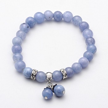 Natural Quartz(Dyed) Beaded Charm Stretch Bracelets, Imitation Aquamarine, with Stainless Steel Findings, 52mm