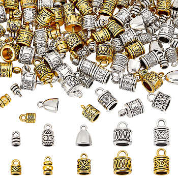125Pcs 10 Styles Tibetan Style Alloy Cord Ends, End Caps, Mixed Shapes, Antique Silver & Antique Golden, 9~16x5.5~11x4.5~11mm, Hole: 2~4mm