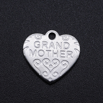 Non-Tarnish 201 Stainless Steel Pendants, Heart with Word Grand Mother, Stainless Steel Color, 15x16x1mm, Hole: 1.6mm