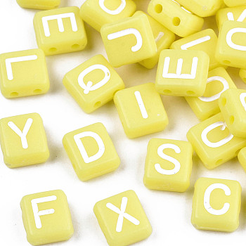 Opaque Acrylic Multi-Strand Links, for Tile Elastic Bracelets Making, Rectangle with Random Letter, Yellow, 8x9x4.5mm, Hole: 1.5mm, about 1900pcs/500g