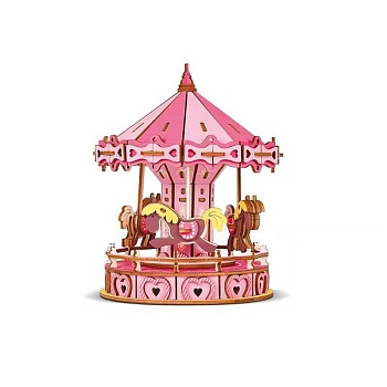 DIY 3D Wooden Puzzle, Hand Craft Carousel Model Kits, Gift Toys for Kids and Teens, Hot Pink, 145x145x178mm, 67pcs/set