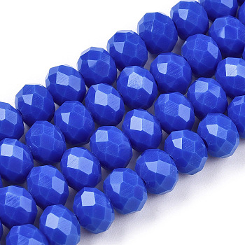 Opaque Solid Color Glass Beads Strands, Faceted, Rondelle, Royal Blue, 6x5mm, Hole: 1mm, about 83~85pcs/strand, 38~39cm