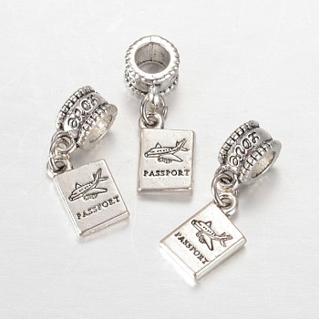 Rectangle with Word Passport Alloy European Dangle Large Hole Pendants, Antique Silver, 26mm, Hole: 4.5mm
