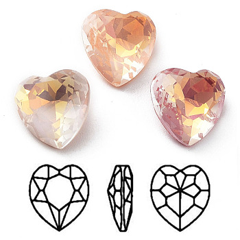 Electroplate K9 Glass Rhinestone Cabochons, Point Back & Back Plated, Faceted, Heart, Mixed Color, 10x10x5.5mm