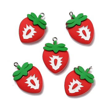 Opaque Resin Pendants, with Platinum Tone Iron Loops, Imitation Fruit, Strawberry, Red, 29.5x20.5x6.5mm, Hole: 2mm
