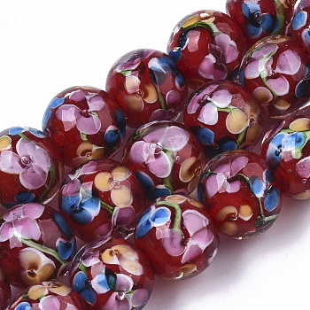 Handmade Lampwork Beads Strands, Inner Flower, Round, FireBrick, 11.5~12.5x10.5~11.5mm, Hole: 1.4mm, about 45pcs/Strand, 19.69 inch~20.08 inch