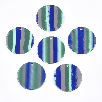 Resin Pendants, Flat Round, Stripe Pattern, Green, 30x1.5~2mm, Hole: 2mm