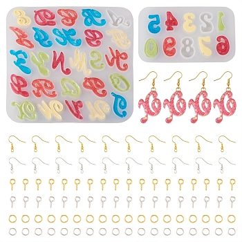 2Pcs 2 Style Letter & Number Silicone Pendant Molds, with 60Pcs Brass Earring Hooks, 60Pcs Iron Jump Rings & 60Pcs Screw Eye Pin Peg Bails, Platinum & Golden, 146x149x8mm, Inner Diameter: 22~35x16~26mm, 53x88x5mm, 1Pc/style