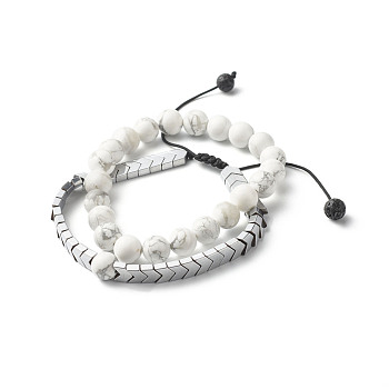 Natural Howlite Stretch Bracelets Set for Girl Women, Arrows Non-magnetic Synthetic Hematite Braided Bead Bracelets, Natural Lava Rock Beads Bracelets, Inner Diameter: 2-3/8~3-5/8 inch(6~9.2cm), 2pcs/sert