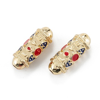 Real 18K Gold Plated Brass Tube Beads, with Enamel, Oval with Word Love, Crimson, 21x8x7.5mm, Hole: 2mm