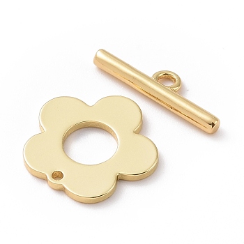 Brass Toggle Clasps, Long-Lasting Plated, Flower, Real 18K Gold Plated, Flower: 13x13.5x1mm, Hole: 1mm, Bar: 15x4x1.5mm, Hole: 1.4mm