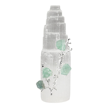 Natural Selenite Mountain Figurines, with Fluorite Flower Branch Reiki Energy Stone for Home Feng Shui Ornament, 40~45x150mm