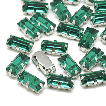 Sew on Rhinestone, Multi-strand Links, Glass Rhinestone, with Brass Prong Settings, Garments Accessories, Faceted, Rectangle, Platinum, Med.Emerald, 10.5x5.5x4mm, Hole: 1mm