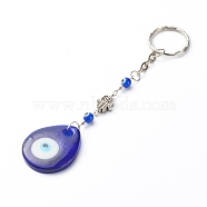 Handmade Lampwork Evil Eye Keychain, with Iron & 304 Stainless Steel Key Clasp Findings and Tibetan Style Alloy Beaads, Teardrop, Blue, 13.7cm(KEYC-JKC00264-02)