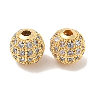 Brass Micro Pave Clear Cubic Zirconia Beads, Round, Real 18K Gold Plated, 8.5x8mm, Hole: 1.8mm(ZIRC-R113-01C-G)