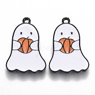 Halloween Theme Alloy Enamel Pendants, White Ghost with Pumpkin Lantern, Electrophoresis Black, 22x15x1.5mm, Hole: 1.6mm(ENAM-J649-04B)