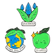 3Pcs 3 Style Creative Zinc Alloy Brooches, Enamel Lapel Pin, with Iron Butterfly Clutches or Rubber Clutches, Electrophoresis Black, Save The Earth & Teardrop & Apple with Word Go Green, Mixed Color, 28~30x20~23mm, Pin: 1mm, 1pc/style(JEWB-LS0001-53)