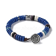 Dyed Natural Lava Rock Disc Beaded Bracelet, with Brass Flower Clasp, Royal Blue, 7-7/8 inch(20cm)(BJEW-Z020-01A-AS)