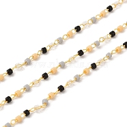 Glass Column Beaded Chains, with Rack Plating Golden Brass Cable Chain, Soldered, with with Card Paper, Black, Beads: 1.7x1.3mm, Ring: 2x1.6x0.7mm(CHC-F017-01)