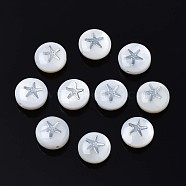 Natural Freshwater Shell Beads, with Brass Metal Embellishments, Flat Round with Star, Platinum, 8x4~5mm, Hole: 0.6mm(SHEL-N003-22-12P)