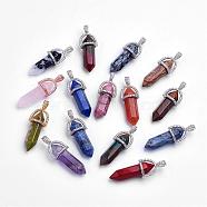 Natural Gemstone Double Terminated Pointed Pendants, with Brass Rhinestone Finding, Bullet, 38~40x13.5x11mm, Hole: 3x4mm(G-G669-01)