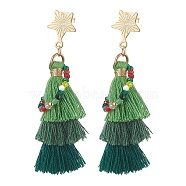 201 Stainless Steel Stud Earrings, with Glass Bead and Polycotton Tassel, Christmas Tree, Green, Golden, 55x25mm(EJEW-TA00545)