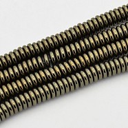 Flat Round/Disc Non-magnetic Synthetic Hematite Beads Strands, Heishi Beads, Imitation Pyrite, Antique Bronze Plated, 4x1mm, Hole: 0.5mm, about 313pcs/strand, 16 inch(G-D617-10)