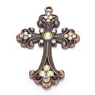 Alloy Rhinestone Big Pendants, Budded Cross, Nickel Free, Red Copper, Crystal AB, 74x50x6mm, Hole: 3mm(RB-J141-28R-NF)