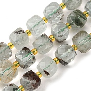Natural Green Lodolite Quartz/Garden Quartz Beads Strands, with Seed Beads, Faceted Cube, 8~9x8~9x8~9mm, Hole: 0.9~1mm, about 35~39pcs/strand, 14.80''~15.16''(37.6~38.5cm)(G-Q010-A18-01)