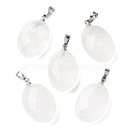 Natural Quartz Crystal Pendants, Rock Crystal Pendants, Faceted Oval Charms with Platinum Plated Brass Snap on Bails, 21.8x13.4~13.5x6.2mm, Hole: 5.3x3.7mm(G-E603-03P-05)